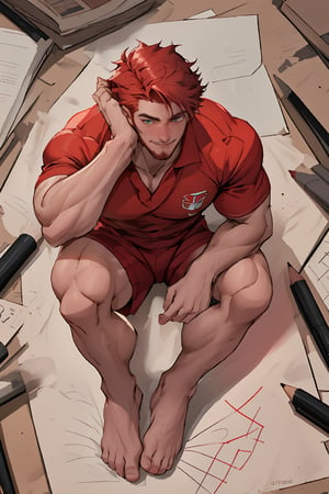 (realistic, photo, photorealistic, realism), A super high-angle isometric view of the designer's concept ground, English ITALIAN male NICONAWT, a well-drawn, 25yearold handsome male with GINGER hair and facial hair, sits on a sheet of white paper with scribbles and notes. He looks up at the viewer from above, his head and full body visible. His striking blue eyes sparkle as he smiles, surrounded by pencils and traditional media sketches. He wears a (red soccer) shirt and decent long shorts, his arms and legs in perfect symmetry. The background features random brushstrokes on white paper, with notes and sketches scattered about. he his him flushes with freckles and prominent chin and cheekbones accentuate his masculine features, symmetric legs with realistic movement, symmetric well-drawn masculine large barefeet with perfect-toes, realistic arms at the sides movement, well-drawn hands, fair skin, niconawt