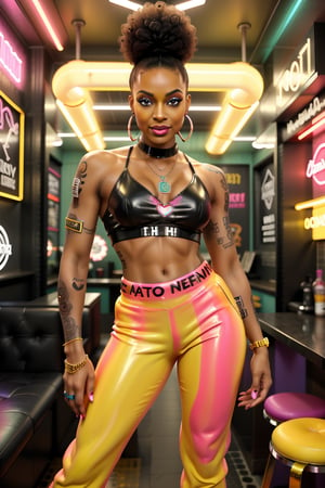 Prodigy stands confidently inside the aphro-futuristic tattoo parlour, her dark matte skin glistening with a modern sheen. Her afro hair is styled to perfection, and yellow lipstick adds a pop of vibrancy. She wears a well-rendered mini-top and chav pants that accentuate her toned physique. Her new holographic neon arm tattoo contrasts strikingly against her skin, powered by majestic ActionVFX:1.2. The trendy parlour features tattoo elements as posters, mirrors, and objects in a super cool, original modern style, with an air of high-energy professionalism.