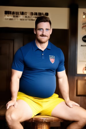 Ollie, a plump and handsome English man, sits proudly at the pub, his face flushing with joy. His brown facial hair is neatly trimmed, complementing his bright blue eyes. Short hair adds to his rugged charm as he wears a rugby shirt and shorts, exuding charisma through his wide smile. The sharp focus and high-resolution detail capture every aspect of his celebration, as team mates gather in the faded background. The vibrant colors pop against the matte finish, creating an original masterpiece with intricate depth and a sense of fun.