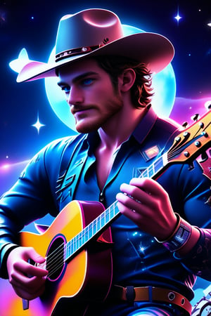 professional 3d, image of a masculine English man called herin, has cowboy hat on,  he has mechanical arms, cyborg, short wavy hair flowing with wind, blue-eyes, beard, cyberpunk, playing neon-guitar while focused, leds, holographic, on the moon, star lit sky, high-tech, colorful, unreal engine , intricate, well-drawn male person in high-details, cool, nice, vibrant, smooth, clear, high-definition, highres, perfect, futuristic, sci-fi, 