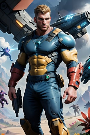 In a breathtaking, high-definition scene, a ruggedly handsome Englishman stands tall, exuding masculinity. His chiseled features are accentuated by a buzz cut and luscious brown facial hair, while piercing blue eyes seem to dare the unknown. He wears massive power armor, its glowing generator humming with energy as beaming lasers slice through the air, targeting hostile aliens in a futuristic landscape. The wide, vibrant scifi setting stretches out before him, alive with colorful hues and creative textures, inviting the viewer into a high-stakes battle of good vs. evil.