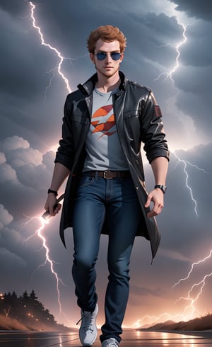 PHOTO, concept male art masterpiece, handsome gingerhaired man in coat and shirt and jeans on, holding lightning bolt, tall, combed ginger hair, short hair, facialhair, wearing well-rendered reflective sunglasses, feet out of frame, looking at viewer, stylish, flat lightning bolt themed conceptual studio background, intensely bright (ActionVFX), leica 85mm, shallow depth of field, uhd, smooth clear clean realistic professional photo image scan masterpiece, associated press, commercial image, centrefold, no crop,lantzer