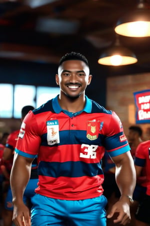 (exceptional masterpiece, only realistic, best quality), professional photo image of the best perfect perculiar handsome muscular masculine afroasian man cheering in dynamic pose, dynamic view, his intricate realistic highly-detailed manly asian head hair face facialhair, he has sun-kissed skin, muscular, wearing rugby shirt on,rugby shorts on, celebrating, uhd, realism, photorealistic, faded team mates in the pub background, majestic, matte, incredible perfect image, very original, blue-eyes, Syahnk