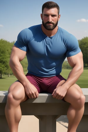 (masterpiece, best quality), isometric, close-up his him liamman is a masculine english male man in style while focused  , brown beard, handsome, muscular, masculine muscular sportswear on,  sitting on a bench at the vibrant urban park,  uhd, masterpiece, vibrant, professional image, depth of field, joyful, colorful, vivid, original, dynamic, daylight,  smooth, clear, clean,   highres image scan,  associated press, matte, 80mm