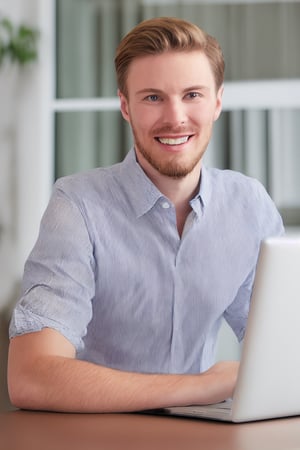 Portrait of a perfectly-shaped realistic man Smiling Handsome Gingerbearded Canadian Man Working from Home on a Laptop Computer in Sunny Cozy Apartment. Successful Male Entrepreneur Does Remote for e-Business Project, uhd, wearing well-rendered fully clothed, rendered in SFM, Cinema 5d, movie still, highres image scan, firm focus, normal life, associated press, Online Shopping, a shutterstock smooth clear clean vibrant image masterpiece,HIGHLY DETAILED, fix limbs, fix fist, fix hands, symmetric arms fist hands fingers with accurate perspective matching scene, real person head face with sense of normal male person in normal image, sober, mike zacharias