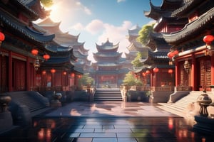 3d rendering, absurdperfect image of ancient china, highly intricate, reflections, decorations, structures, statues, beautiful, professional space design, surreal quality, highres, depth of field, impressive, perfect, highly-detailed, joyful, cinematic, exceptional masterpiece, high-definition, smooth clear clean CGI in UHD, unreal engine,, colorful, vibrant, alive, vivid, happy, historical,