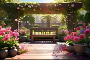 exterior garden with flowers with petals fallings during spring, raw wooden bench, topiary, vases with different plants, enjoy the sun, sun rays, radiant, colorful, depth of field, professional exceptional space design masterpiece, intricate details , award-winning smooth clear clean CGI 64k Wallpaper printed in glassy paper,  professional concept art, 3d, unreal engine, highres, high-definition,  epic creative, absurdoriginal, fun,  ray-tracing reflections,