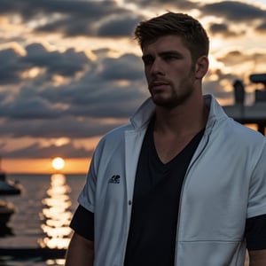 (best quality, high quality):1.3, side view, full character in scene, a 27 year old fisherman 1man, isometric, standing at the harbour, looking afar, nordic, very masculine, wearing working male clothes, tall, blonde short buzzcut hair, crooked nose, real skin, thick eyebrows, blonde facialgoatee, long cleft chin, unshaved, unshaded, sunset, lake, nixeu_soft, sunset sky, absurdres, colorful,  unshaded very symmetric handsomely-detailed visible iris pupils open-eyes, looking at viewer, humble fisherman composition, depth, masterpiece, unshaded, simple humble manly male, ,realistic,<lora:659111690174031528:1.0>