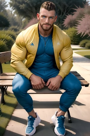 handsome 1boy, mature male, 28yearold, falco, buzz cut, english, sitting on a bench at the park, yellow tracksuit, head and upperbody realistic portrait masterpiece, striking blue eyes, cheekbones, highres image scan, associated press, centrefold, no crop,falko