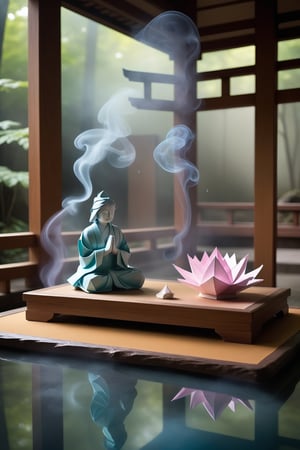 In a serene Japanese temple, origami props adorn the tranquil atmosphere. A small wooden altar stands before a magnificent, semi-translucent ethereal image of an Akashic Register figure, shrouded in colorful smoke from incense sticks. Soft crystals and traditional fine wood enhance the peaceful ambiance. Water droplets glisten on the temple's surface, adding depth to this exceptional artistic masterpiece.