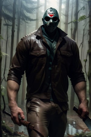 (masterpiece), a (seamless:1.3) GIF animation of fully clothed jasonmale full leather outfit flowing, slowly legs walking realistic dynamic flowing movement. Flowing hand holding machete. Approaching. Dark forest. 