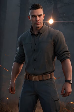 (masterpiece, only realistic, very adequate decent quality:1.3), my favorite image of a professional well-shaped real jovial healthy  happy man standing while roleplaying as masculine handsome (David King from \(Dead by Daylight realistic game\) on road in (DODGE THIS BODY MOVEMENT:1.3) in front of trees, symmetry is excellent, lighting bolts in 16k, bending trees in 8k, glowing wristwatch in 4k, (rendered in ZBrush HIGH), wearing well-rendered fully clothed manlywear, professional smooth clear lean intricate CG unit wallpaper, a digital art thriller movie screencap trending on CGSociety 9, inspired by batman body movement, strong sense of zombie forest and DC Comics,inspired by Arthur Adams, hdr, ((ActionVFX best) HIGH HIGH HIGH), highres image scan, softglow effect, we love veryvibrant matte colors, associated press, centrefold, no crop, , {SURROGATE THE INSANE ACTION DYNAMIC SELECTIVE FOCUS ZAP MOVE WHILE KEEPING PERFECTLY_SHAPED HANDS AND FINGERS PLEASE with realistic movement!}, total explosive chiaroscuro blasting solar eclipse in 1k 4k 6k 8k 10k 12k 37k