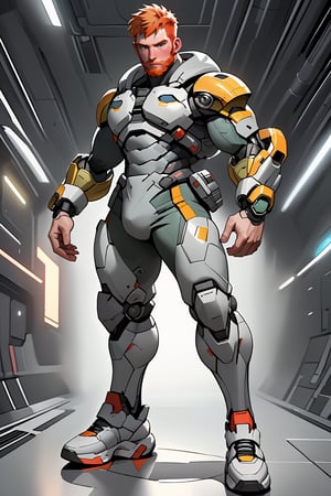 A lone figure, a dashing English spaceman with a (ginger beard) and a buzz-cut, poised in well-rendered fully-clothed large niji masculine bulky(grey white) mecha armor, warfield scifi depth background, mechanical legs, large sneakers, colorful, realistic, masterpiece, detailed,HIGHLY DETAILED, SHARP FOCUS,ENHANCER,  absurdres, highres image scan, incredible high quality uhd,niconawt