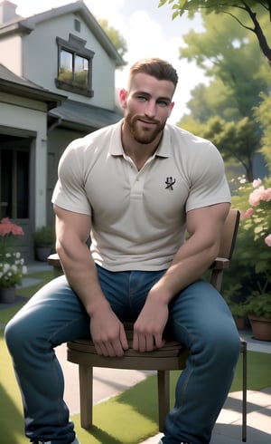 (masterpiece, only realistic, realistic professional unreal engine, cel-shaded), image of a realistic perfectly-drawn firm focused on a handsome man, his name is maddox, from side:1.2, sitting on a chair at the porch outdoors , wearing well-rendered masculine shirt on masculine large denim on, symmetric male sneakers on, happy, from side, side view, realistic masculine sitting on chair from side movement, symmetric limbs, intricate masculine handsome gingerbeared hair head face nose from side, looking to the side of scene, very serene,  white-wooden house, garden, topiary, flowers, wide serene garden, leaves, sun rays, spring , beautiful bright day, smooth, realistic, real, highres imge scan, nice side camera view perspective matching full scene photo, vibrant matte colors, softglow effect, 8k resolution, 
