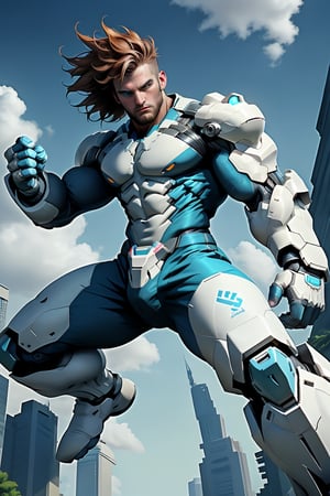 Solo focus on Shawn the English cyborg, soaring through air in colossal mecha armor. Brown hair whipping back as he banks to side, blue eyes gleaming with intensity. Bulky muscular physique evident beneath suit's synthetic skin. Plastic white and LED-patterned arms stretch outward, cel-shaded colors shining in high-definition UHD. Mechanical limbs flex with realistic movement, showcasing intricate plating and texture on synthetic skin. Symmetric arms and legs, massive cybernetic feet leave trail of motion blur against vibrant sky.