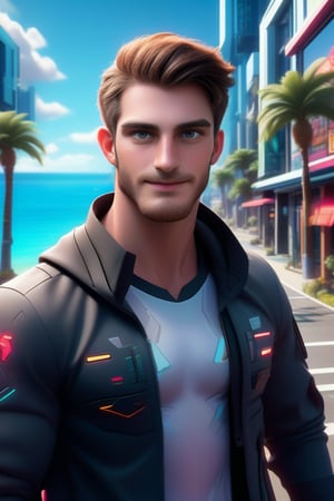 professional 3d, image of a masculine English man called herin at the coast sci-fi street, nature, high-tech, colorful, unreal engine , intricate, well-drawn male person in high-details, cool, nice, vibrant, smooth, clear, high-definition, highres, perfect, futuristic, sci-fi,  