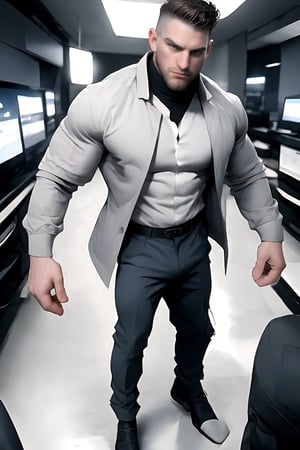 Shawn, a masculine English man with muscular build, stands confidently from above view. He wears a rendered formal shirt with open jacket and formal pants, paired with large shoes. Against an abstract office background, he gazes up at the viewer, his full body dynamic pose radiating energy. Illustration style focuses on his character, accompanied by scribbled text and symbols that add to the overall composition.