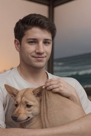 (masterpiece, only realistic, very adequate decent quality:1.3), my favorite image of a professional well-shaped Happy european maculine manly male man holding and comforting cute corgi dog, smiling at camera, he his him posing with pet over majestic impressive ocean, pink orange colorful extraordinay sky, smooth clear clean professional cg illustration masterpiece, associated press, highres image scan, softglow effect, (rendered in Cinema 4D studio HIGH HIGH HIGH), my best incredible (Rendermen) professionally HIGH! ,Alvis