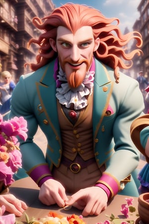 HIS name is Herin, he is a masculine Welsh man, his pale-brown long beard, wavy hair flowing with the wind, wearing victorian magician clothes, doing a trick at the table while focused, fun, colorful, rendered in Renderman Engine in high-octane, best quality, highres, uhd, intricate, vibrant, vivid, busy victorian wide street with victorian-dressed folks in the faded background, magical atmosphere, joy, original, creative,