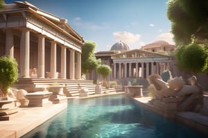 3d rendering, absurdperfect image of ancient greece, highly intricate, reflections, decorations, structures, statues, beautiful, professional space design, surreal quality, highres, depth of field, impressive, perfect, highly-detailed, joyful, cinematic, exceptional masterpiece, high-definition, smooth clear clean CGI in UHD, unreal engine,, colorful, vibrant, alive, vivid, happy, historical,