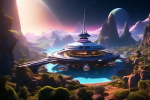 3d rendering, absurdperfect image of a space colony on an alien planet, professional space design, surreal quality, highres, depth of field, impressive, creative, perfect, highly-detailed, joyful, cinematic, exceptional masterpiece, high-definition, smooth clear clean CGI in UHD, unreal engine, colorful, vibrant, alive, vivid, futuristic, sci-fi, science fiction,