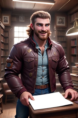 Herein, surrounded by vintage typewriters and antique bookshelves, stands confidently indoors with messy pale-brown hair and beard, piercing blue eyes shining bright. He wears a burgundy leather jacket adorned with brass buttons, paired with distressed denim and chunky boots. The creative setting is a dimly lit study, where books and papers are stacked haphazardly, casting a warm glow on his face. A retro-style desk lamp shines down, highlighting the texture of his clothes and the intricate details of his beard. The camera captures him mid-laugh, exuding infectious joy and charisma, as if sharing a fascinating story with an invisible audience.