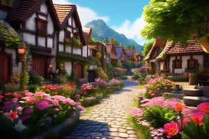 3d rendering, absurdperfect image of a medival village, highly intricate, reflections, decorations, flowers, plants, structures, statues, beautiful, professional space design, surreal quality, highres, depth of field, impressive, perfect, highly-detailed, joyful, cinematic, exceptional masterpiece, high-definition, smooth clear clean CGI in UHD, unreal engine,, colorful, vibrant, alive, vivid, happy, historical,