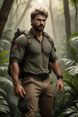 Jaeggernawt's rugged features are set against the lush jungle backdrop as he assumes a tactical stance, his short, messy hair and brown facial hair contrasting with the precision-crafted camouflage gear. The Leica 85mm lens captures his focused gaze, trained on something beyond the frame. Explosions erupt in the distance, rendered with cinematic flair by ActionVFX Engine. Softfocus jungle foliage swirls around him as bokeh lighting effects illuminate dramatic backlighting. Turbulent daylight casting a heroic glow, Jaeggernawt embodies a masterpiece of epic action.