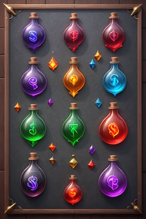 game rpg POTION design design, multiple random rpg POTIONS emblems on a organized board, professiona concept art, 3d, unreal engine, highres, high-definition, profesional smooth clear clean cgi in uhd printed in glossy paper, exceptional masterpiece, epic creative, absurdoriginal, fun, cute, ray-tracing reflections,