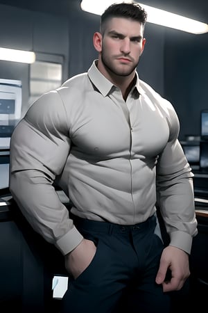 Shawn, the English man with a strong masculine presence, stands confidently from a high angle above view. He wears a rendered formal shirt with an open jacket, paired with formal pants and large shoes, exuding a sense of authority. Against an abstract office background with semi-realistic textures, Shawn's muscular physique is highlighted as he looks directly up at the viewer. His dynamic pose fills the frame, drawing attention to his character design. In the foreground, scribbled text and symbols add an air of mystery and creativity to this illustration, placing the focus squarely on the charismatic subject.