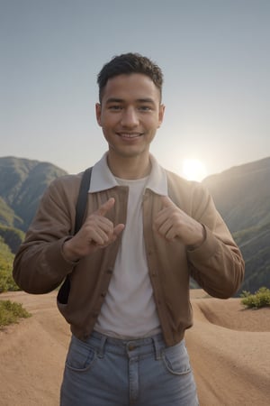 (masterpiece, only realistic, very adequate decent quality:1.3), my favorite image of a professional well-shaped real jovial healthy  happy MAN he his him loves to hike, making a well-shaped handgesture at viewer for joy and for fun while beautifully perfectly smiling, a young man enjoying a hike through the mountains. handsome afroasian manly male, wearing well-rended fully clothed male explorer hikerwear, exotic plants 0k 1k, godrays from sky in 16k, majestic solstice sun in 32k, pink orange beautiful skin 64k, lens flare 16k, flying birds in 8k,  syahnk