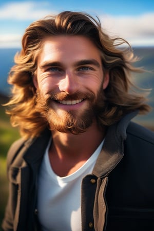 (masterpiece, only realistic, best quality), absurdperfect professional clear clean smooth sharp focus photo of a handsome masculine Welsh man called herin, he has long wavy hair flowing with the wind, long beard, wearing masculine large jacket on, wearing masculine casual wear, outdoors, on top of a mountain, stunning nature landscape, sky, exceptional professional dynamic original new newest portrait, uhd, incredibly absurdres, symmetry is excellent, vibrant, colorful, joyful, realism, 