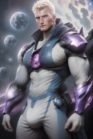 Ryder, the rugged English strongman, stands triumphantly within a swirling vortex of deep space. His pale-blond hair glistens under the radiant glow of nearby stars, as his piercing blue eyes gaze out into the cosmos. The Niji armor, a behemoth of high-tech mecha power, envelops Ryder's robust physique, its sleek design and glowing blue accents accentuating his dynamic pose. Amidst the nebula's ethereal mist, planets and galaxies unfold like a canvas of celestial artistry. Unreal Engine's ray-tracing mastery yields breathtaking reflections off gleaming metallic surfaces, while the action-packed scene unfolds in three-dimensional splendor.