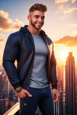 my favorite perfect image of a masculine handsome  mature muscular British Daniel man,   professional 3d, wearing  masculine casual clothes, rendered in SFM, outdoors,  professional epic portrait, on top of a skyscraper, smiling, dynamic, urban city landscape, golden hour, unreal engine, ray-tracing reflections, vibrant colorful ambient occlusion, exceptional smooth masterpiece CGI wallpaper in UHD printed in glossy paper, highres image scan, dynamic, original, vibrant, alive, vivid, new, newest, award-winning, shallow depth of field, creative