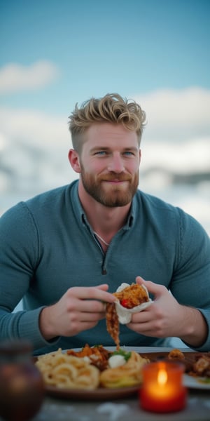 HIGHRES, REALISTIC IMAGE OF DANIEL, A MASCULINE MUSCULAR BRITISH MALE MAN, AT THE BEACH, PALE BLONDE SHORT HAIR, BLUE EYES, FACIAL HAIR, WEARING MASCULINE SWEATER, (AT THE TABLE WITH FOOD IN ALASKA), AURORA, SNOWING, JOY, MASTERPIECE, HIGH QUALITY, COLORFUL, DEPTH OF FIELD, NATURE, SKY, 