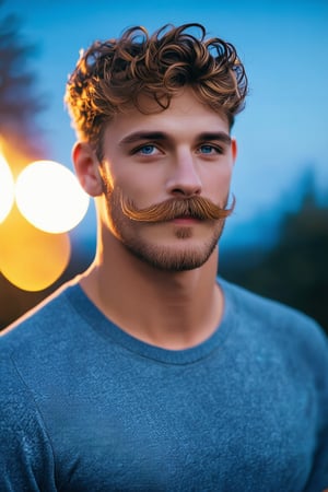 realistic professional photo image of a man, handsome lad, short wavy hair, pincel mustache, portrait, dramatic backlighting, realistic, exceptional masterpiece, bokeh, outdoors, night, perfect, highres, high-quality, high-definition, leica 65mm, 