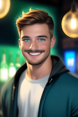 realistic shot masterpiece professional portrait of a well-dranw realistic intricated highly-detailed handsome masculine English male called Ollie 1boy, madutre male, waring casual male wear, charismatic smile, short hair, blushing, facial hair, handsome lad, symmetry is great, he stands looking at viewer with his blue-eyes, indoors, pub, very faded background , realism, epic, original, entertaining, vivid, alive, matte, high-definition, highres,ollie