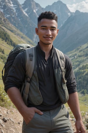 (masterpiece, only realistic, very adequate decent quality:1.3), my favorite image of a professional well-shaped real jovial healthy  happy MAN he his him loves to hike. a young man enjoying a hike through the mountains. handsome afroasian manly male,syahnk