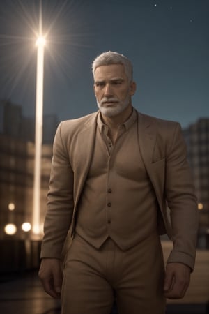 (masterpiece, realistic), a well-shaped handsome manly bearded HEALTHY mature masculine jovial Granpa English male person in style in fully-clothed masculine manly male urbanwear on, real white hair, star lit sky, male art, real smooth skin, highres, tall, urbanwave, citypop, lens flare, impressive, smooth clear clean digital art, 8k, fine art, scenery, sense of true reality, cinematic, artistic image scan, professional realistic chaos corona renderer high, inspired by MASTER JEDI male person,  associated press, kodak chroma ,creedo_grandpa,HIGHLY DETAILED