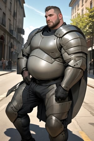 side view, from side, massive large tall plump manly knight dilf man, in accurate masculine (proposing on his own knee) pose from side, well-rendered fat metallic knight armor fully-clothed from side, fat belly under fat armour, ((outdoors:1.2)), masterpiece,
