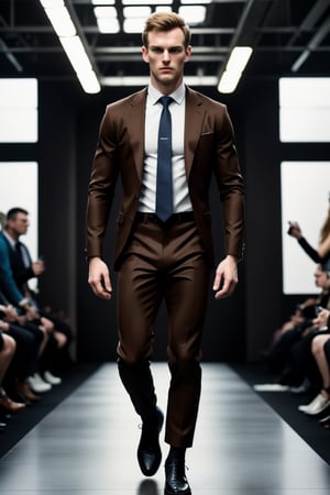 (realistic futuristic male masculine fashion style), Towering brown-haired male model strides confidently down the catwalk, his gaze locked on the audience as he showcases his sleek, well- rendered futuristic fashion wear. The camera's smooth focus captures every detail, from the subtle texture of his futuristicsuit to the vibrant hues of his tie. A blurred bokeh effect adds depth and visual interest, drawing the viewer's eye to the model's powerful pose. The overall impression is one of realism, as if this stunning image were plucked straight from a fashion magazine.