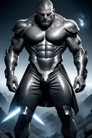 A futuristic Englishman, clad in metallic armor, stands defiantly amidst a swirling vortex of stars and galaxies as he wages war against a behemothous, tentacled alien monstrosity. High-definition details reveal every crease on his determined face and the intricate circuitry on his suit. Visible sparks crackle through the air as their lightsaber-like appendages clash in a kaleidoscope of colorful, vibrant hues.