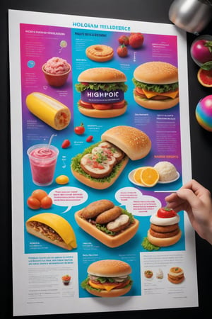  absurdperfect photo of poster with texts and illustrations informative educational about hologram food, highres image scan, sharp focus, realistic ,incredible quality, masterpiece, intricate, colorful,  epic detailed, vibrant, fun, original,  joyful, highly-detailed,  smooth, clear ,clean, printed in glossy paper , uhd, neon, telepathic 