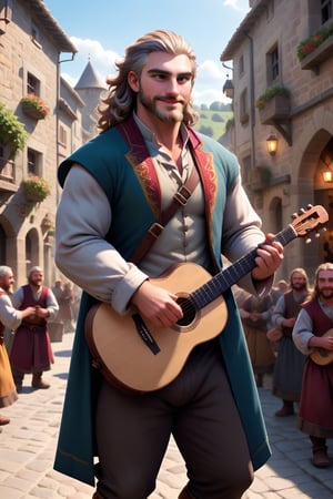 Here's your prompt:

Herin, a dashing Welsh bard with grey-ish brown locks and beard, strums his instrument in the midst of a medieval village. The crowd in the background, though amused, is softly blurred, allowing Herin to take center stage. Framed by a warm, golden light, he exudes confidence and joy as he performs. Vibrant colors and textures come alive on the matte surface, transporting the viewer to an era of good vibes and optimistic celebration.