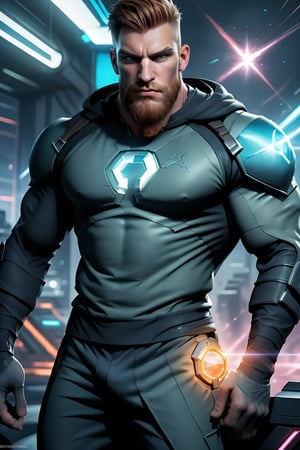 Futuristic British gentleman, sporting a lustrous brown beard and buzz-cut haircut, exudes confidence as he dons colossal power armor adorned with a glowing generator. His piercing blue eyes gleam with determination as he unleashes beams of laser light against an extraterrestrial threat in a vibrant, high-definition futuristic landscape, where neon hues and metallic silhouettes converge to create a visually stunning tableau.