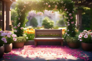 exterior garden with flowers with petals fallings during spring, raw wooden bench, topiary, vases with different plants, enjoy the sun, sun rays, radiant, colorful, depth of field, professional exceptional space design masterpiece, intricate details , award-winning smooth clear clean CGI 64k Wallpaper printed in glassy paper,  professional concept art, 3d, unreal engine, highres, high-definition,  epic creative, absurdoriginal, fun,  ray-tracing reflections,