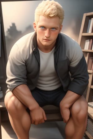 Ryder, a 25-year-old English man, sits confidently on a pile of books in his designer studio. His blonde hair and beard are perfectly tousled, and a hint of blush rises to his cheeks as he gazes directly at the viewer. His piercing blue eyes seem to sparkle with creativity, framed by the intricate details of his open jacket, undershirt, shorts, socks, and sneakers. The soft daylight illuminates the space, casting a warm glow on the vibrant, colorful atmosphere. The white abstract background is adorned with scribbles and colored pencil marks, reflecting Ryder's artistic nature.