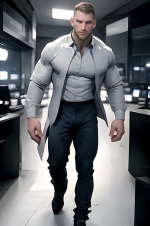 Shawn, a masculine English man with muscular build, stands confidently from above view. He wears a rendered formal shirt with open jacket and formal pants, paired with large shoes. Against an abstract office background, he gazes up at the viewer, his full body dynamic pose radiating energy. Illustration style focuses on his character, accompanied by scribbled text and symbols that add to the overall composition.