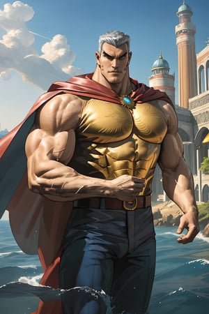 Here is the prompt:

Create a stunning Unreal Engine 5 CGI artwork of baicinan\(seatiger\), a dashing tall muscular powerful man, wearing well-rendered fully-clothed masculine herowear and an imposing large male cape, majestically hovering over the ocean with a breathtaking trail on the water. Soft-focused in the background, depict a distant Chinese coastal city with beautiful buildings, cel-shading, ray-tracing reflections, and outstanding water effects.