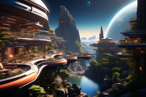 3d rendering, absurdperfect image of a space colony on an alien planet, professional space design, surreal quality, highres, depth of field, impressive, creative, perfect, highly-detailed, joyful, cinematic, exceptional masterpiece, high-definition, smooth clear clean CGI in UHD, unreal engine, colorful, vibrant, alive, vivid, futuristic, sci-fi, science fiction,